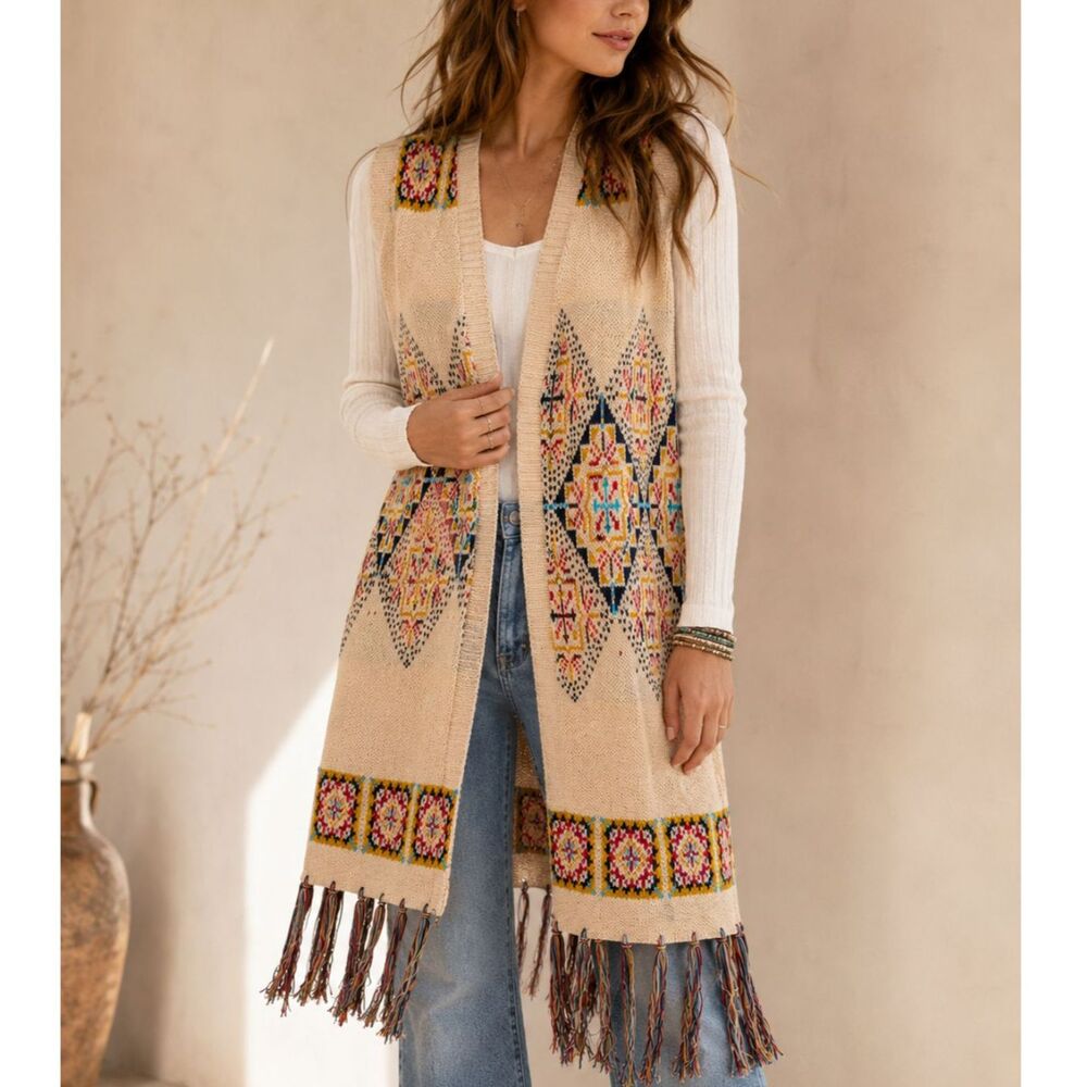 Powder River Outfitters XL Southwestern Fringe Duster Vest Cotton Boho Western